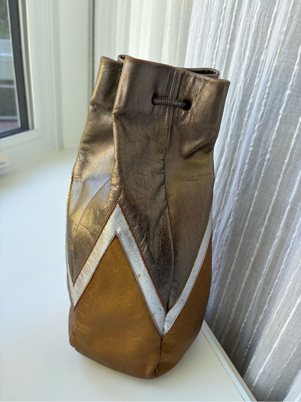 Vtg Holt Renfrew Metallic Leather Bucket Bag Italy Drawstring Patchwork 35" Y2K - Picture 7 of 13